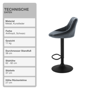 Barhocker | 2 Stück | Anthrazit | Kunstleder | Drehbar | Höhenverstellbar