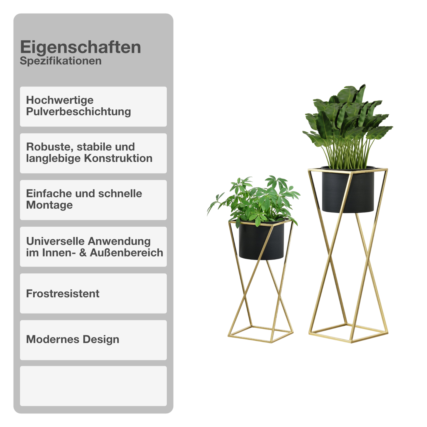 Blumenständer mit Übertopf | Stahl | Schwarz-Gold | Set mit 2 Höhen