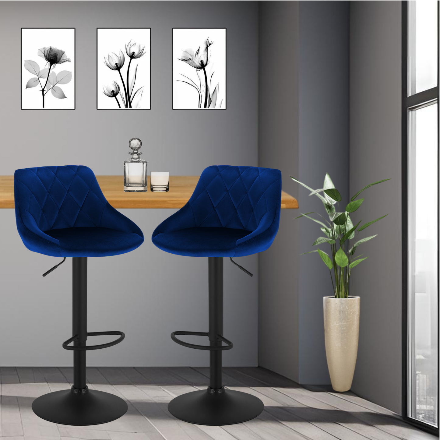 Barhocker | 2 Stück | Samtbezug | Dunkelblau | Drehbar | Höhenverstellbar
