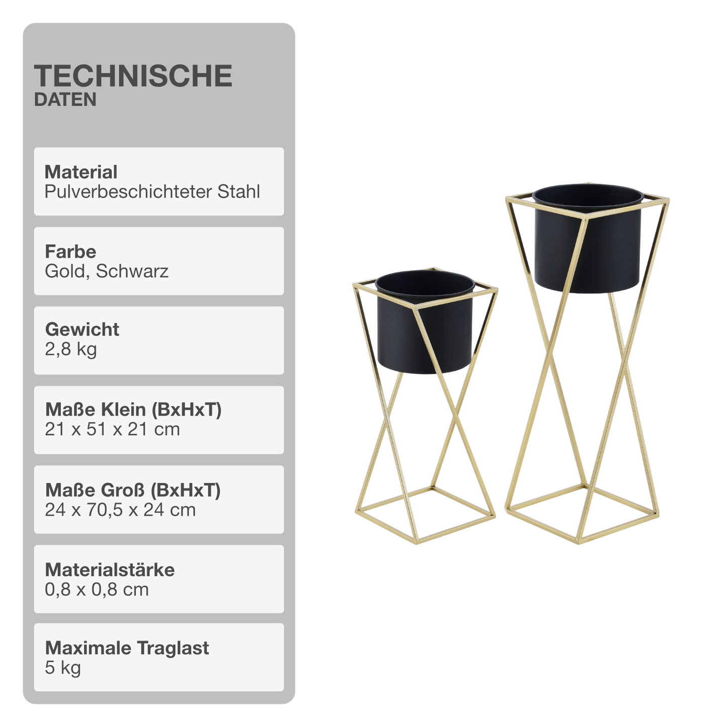 Blumenständer mit Übertopf | Stahl | Schwarz-Gold | Set mit 2 Höhen