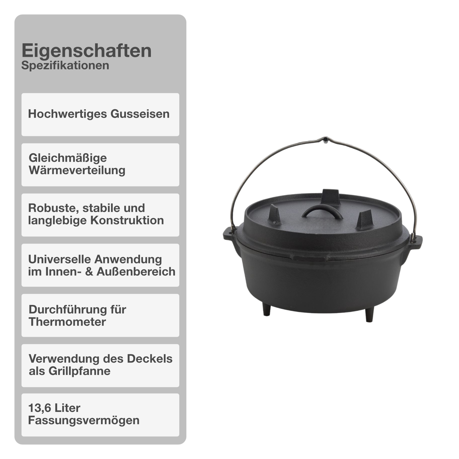 Dutch Oven | Gusseisen | 13,6L | Feuertopf | Kochtopf | Schmortopf | Deckel