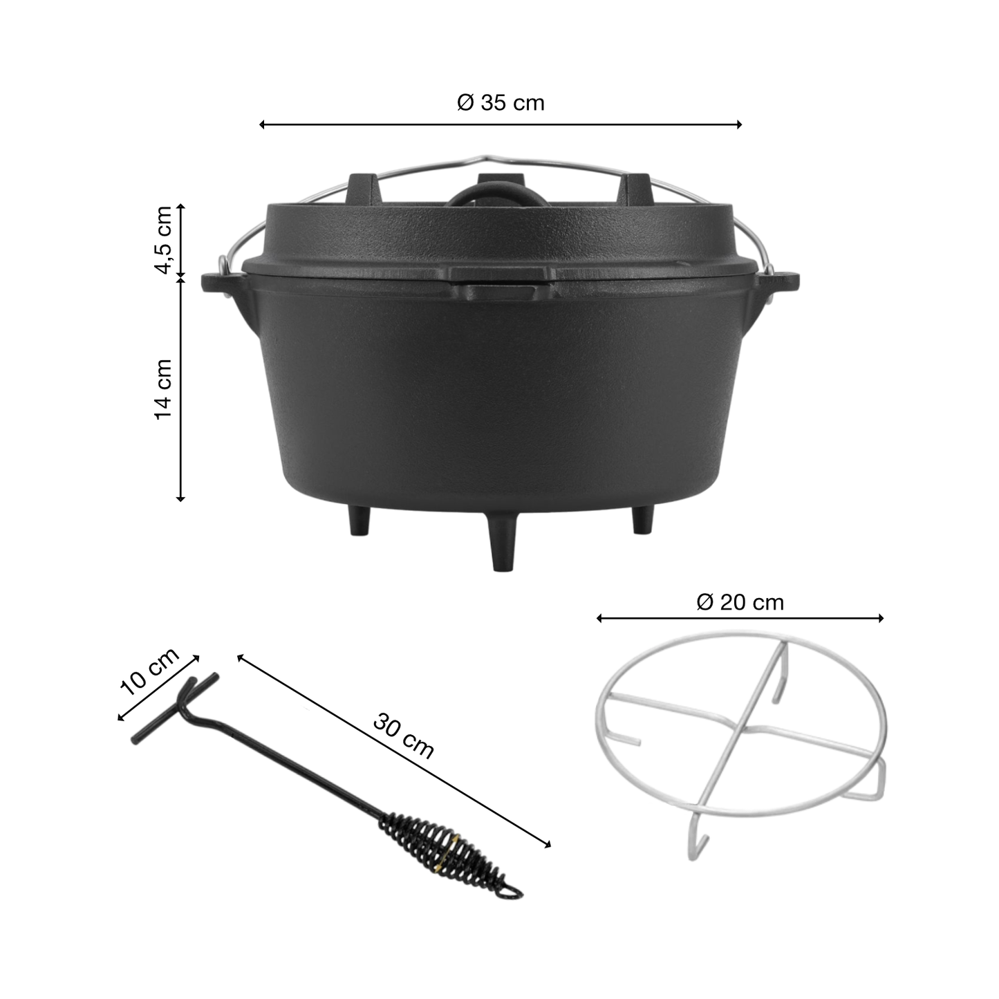 Dutch Oven | Gusseisen | 13,6L | Feuertopf | Kochtopf | Schmortopf | Deckel