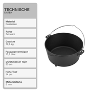 Dutch Oven | Gusseisen | 13,6L | Feuertopf | Kochtopf | Schmortopf | Deckel