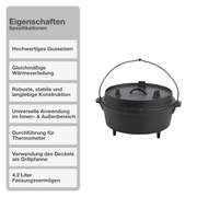 Dutch Oven | Gusseisen | 4,2L | Feuertopf | Kochtopf | Schmortopf | Deckel