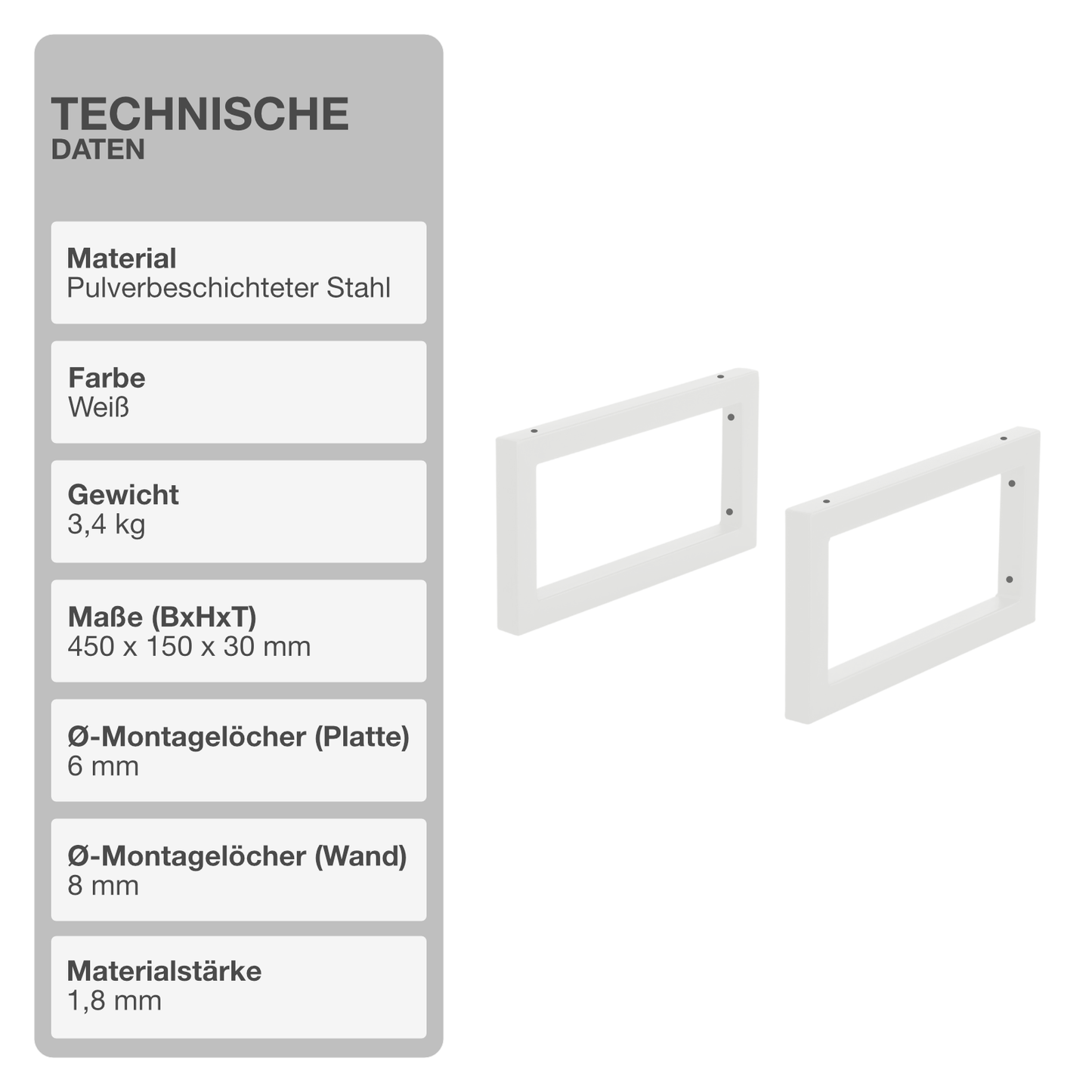 Wandkonsole | 2 Stück | Weiß | 450x150mm | Konsolenträger | Wandhalterung | Rechteckig