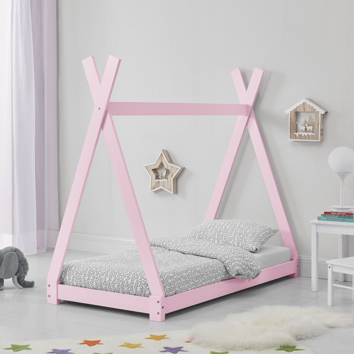 Kinderbett | Holz | Rosa | 90x200cm | Tipi | Holzbett | mit Lattenrost