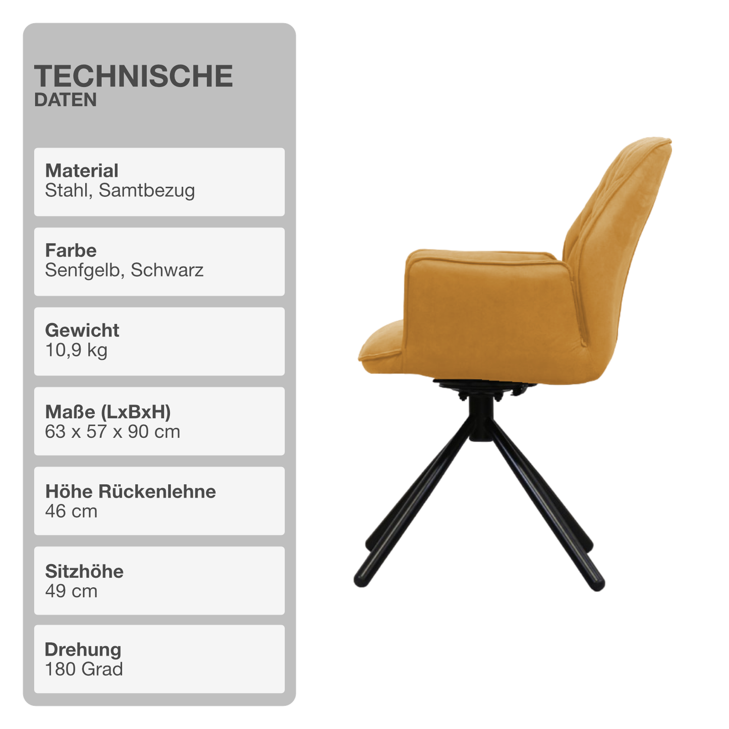 Wohn- und Esszimmerstuhl | Samt | Senfgelb | 180 Grad | Drehbar | Sessel