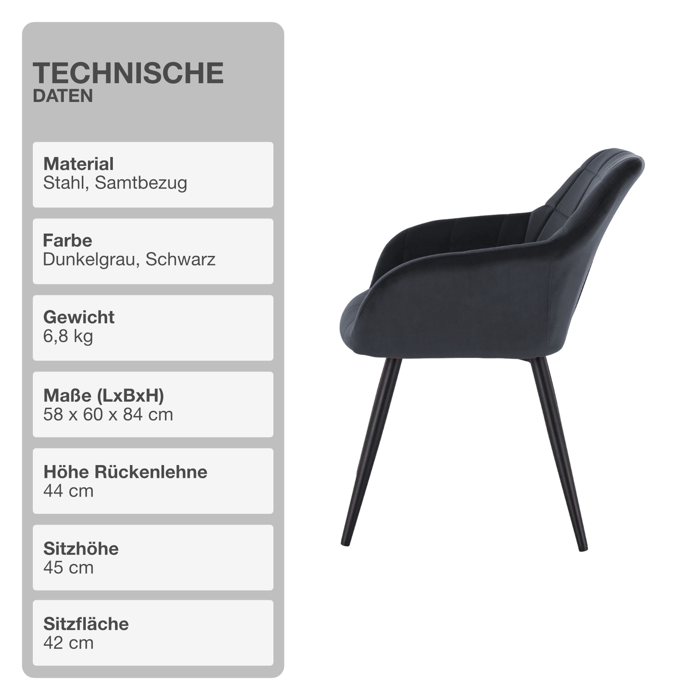 Wohn- und Esszimmerstuhl | 2 Stück | Mikrofaser | Samt | Dunkelgrau | Sessel