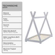 Kinderbett | Holz | Hellgrau | 70x140cm | Tipi | Holzbett | mit Lattenrost