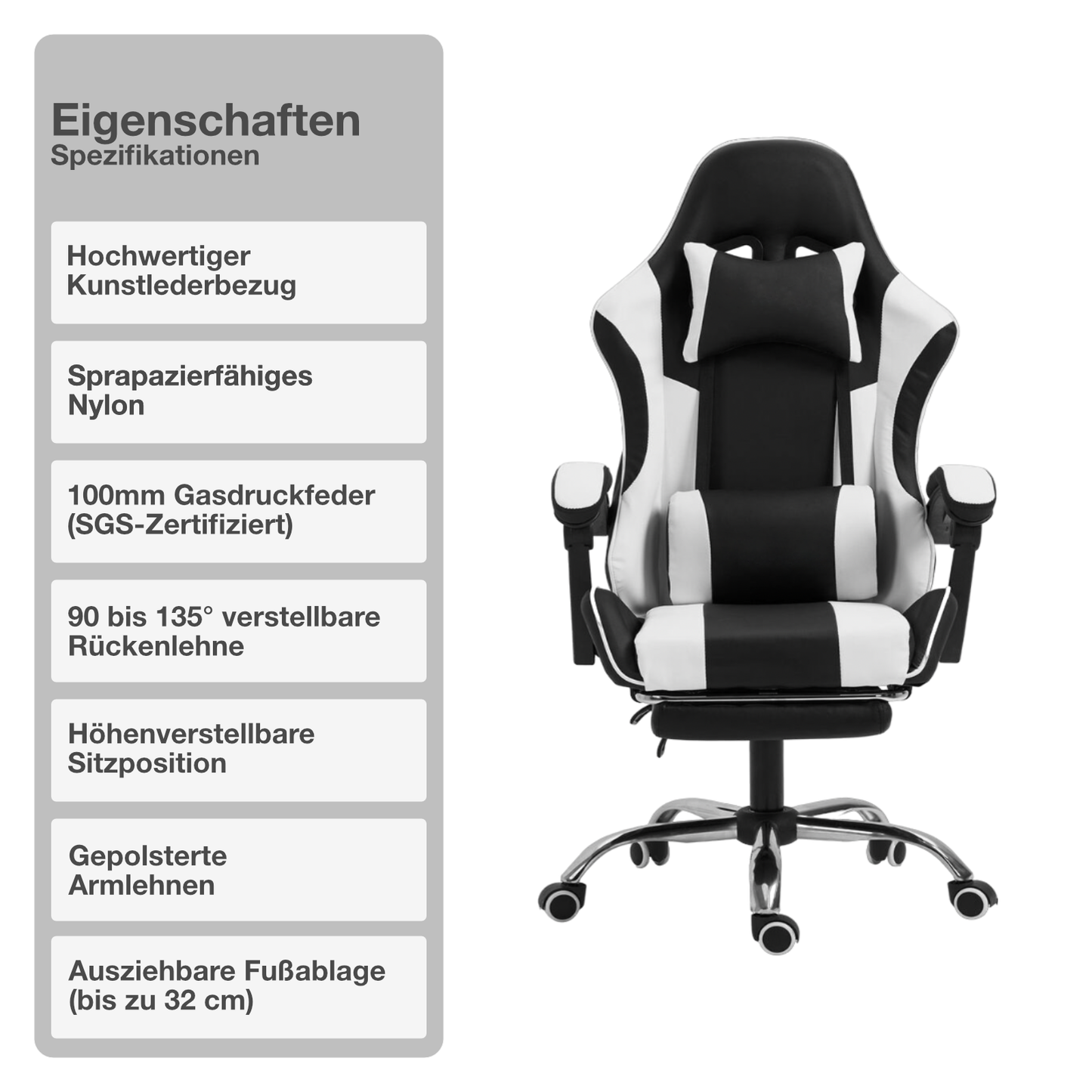 Gaming-Stuhl | Kunstleder | Weiß | 62x62cm | Rollen | Sessel | Fußablage