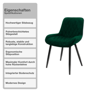 Wohn- und Esszimmerstuhl | 2 Stück | Samtbezug | Dunkelgrün | Küchenstuhl