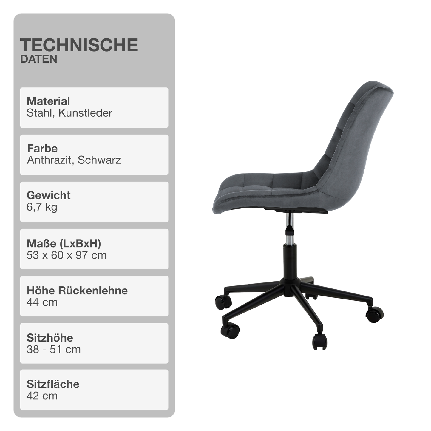 Bürostuhl | Kunstleder | Anthrazit | 53x60cm | Rollen | Schreibtischstuhl