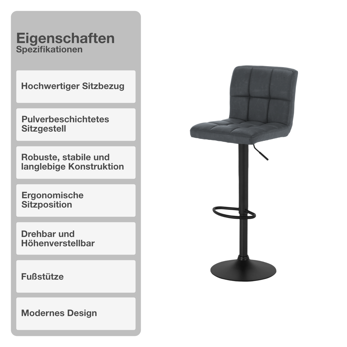 Barhocker | 2 Stück | Anthrazit | Kunstleder | Drehbar | Höhenverstellbar