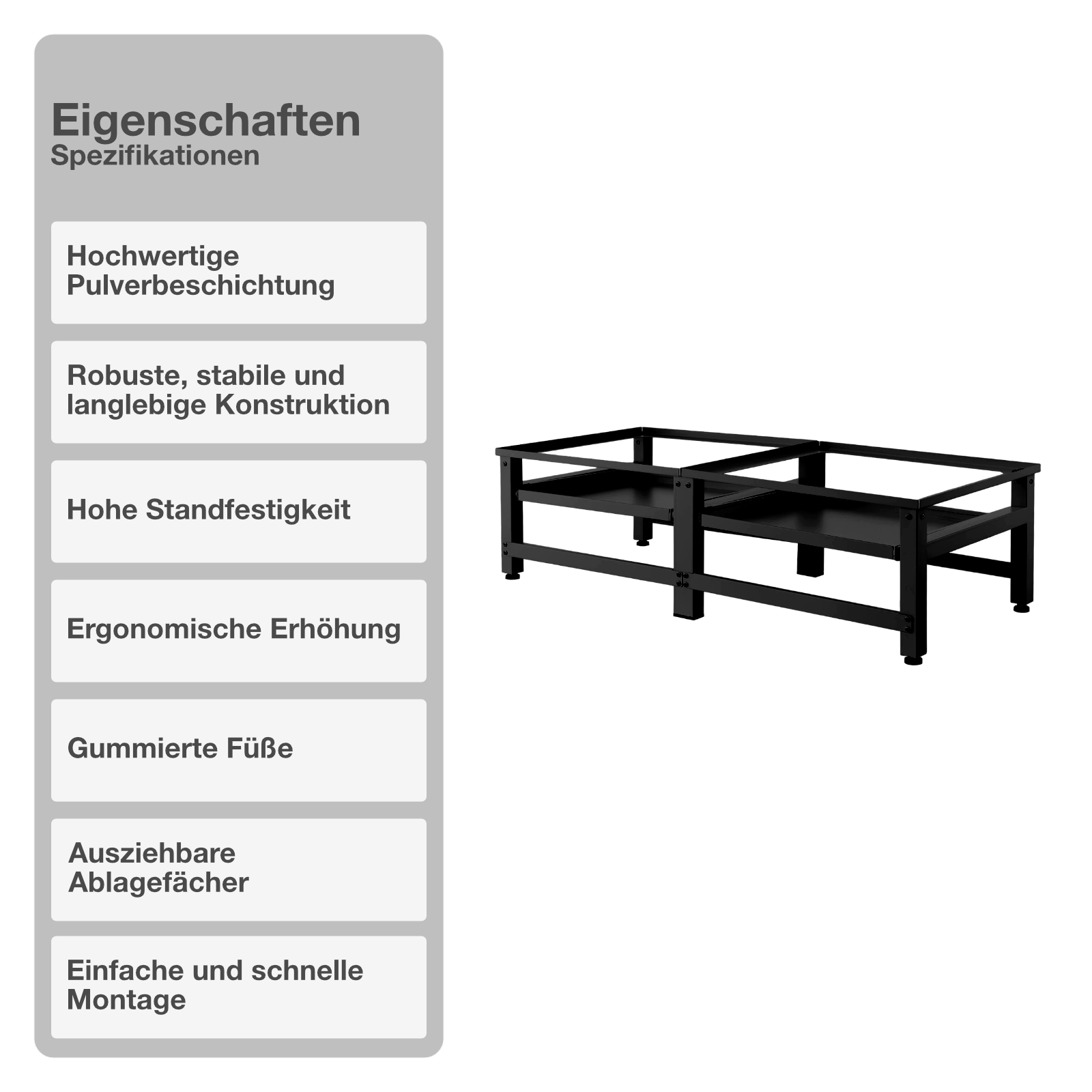 Untergestell für Waschmaschine | 2er Set | Ausziehbar | Schwarz | Ablagefach