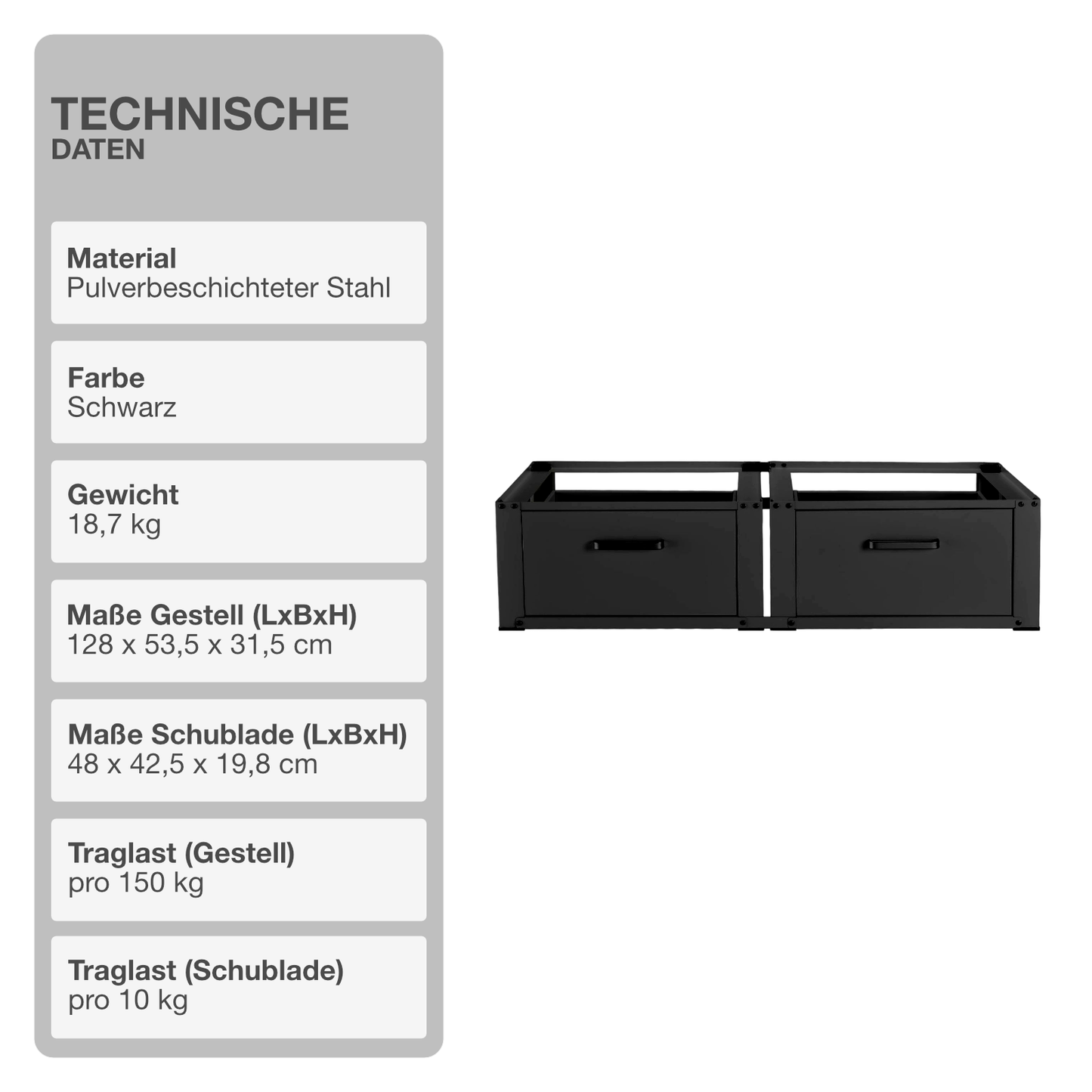 Untergestell für Waschmaschine | 2er Set | Ausziehbar | Schwarz | Schublade