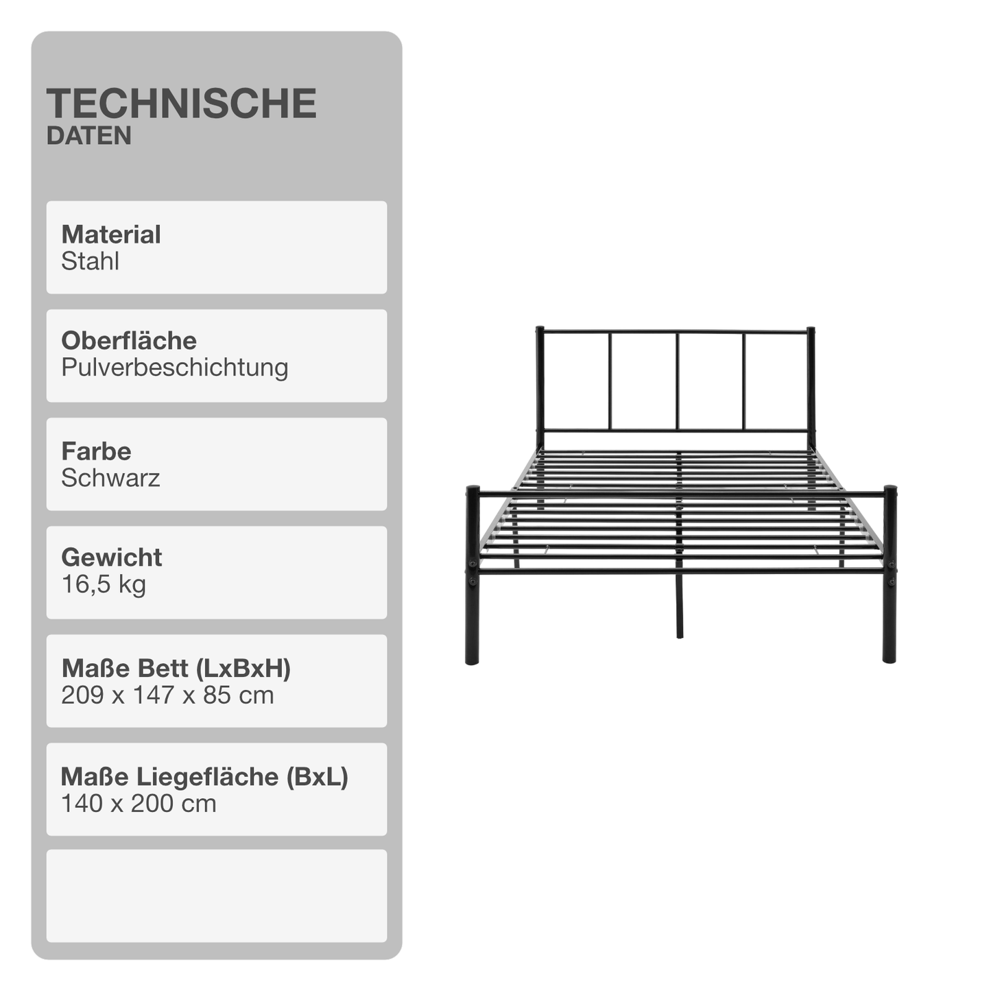 Bettgestell | Lattenrost | Schwarz | 140x200cm | Metallgestell | Bettrahmen