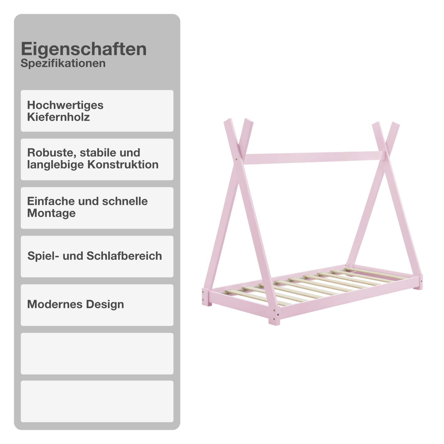 Kinderbett | Holz | Rosa | 70x140cm | Tipi | Holzbett | mit Lattenrost