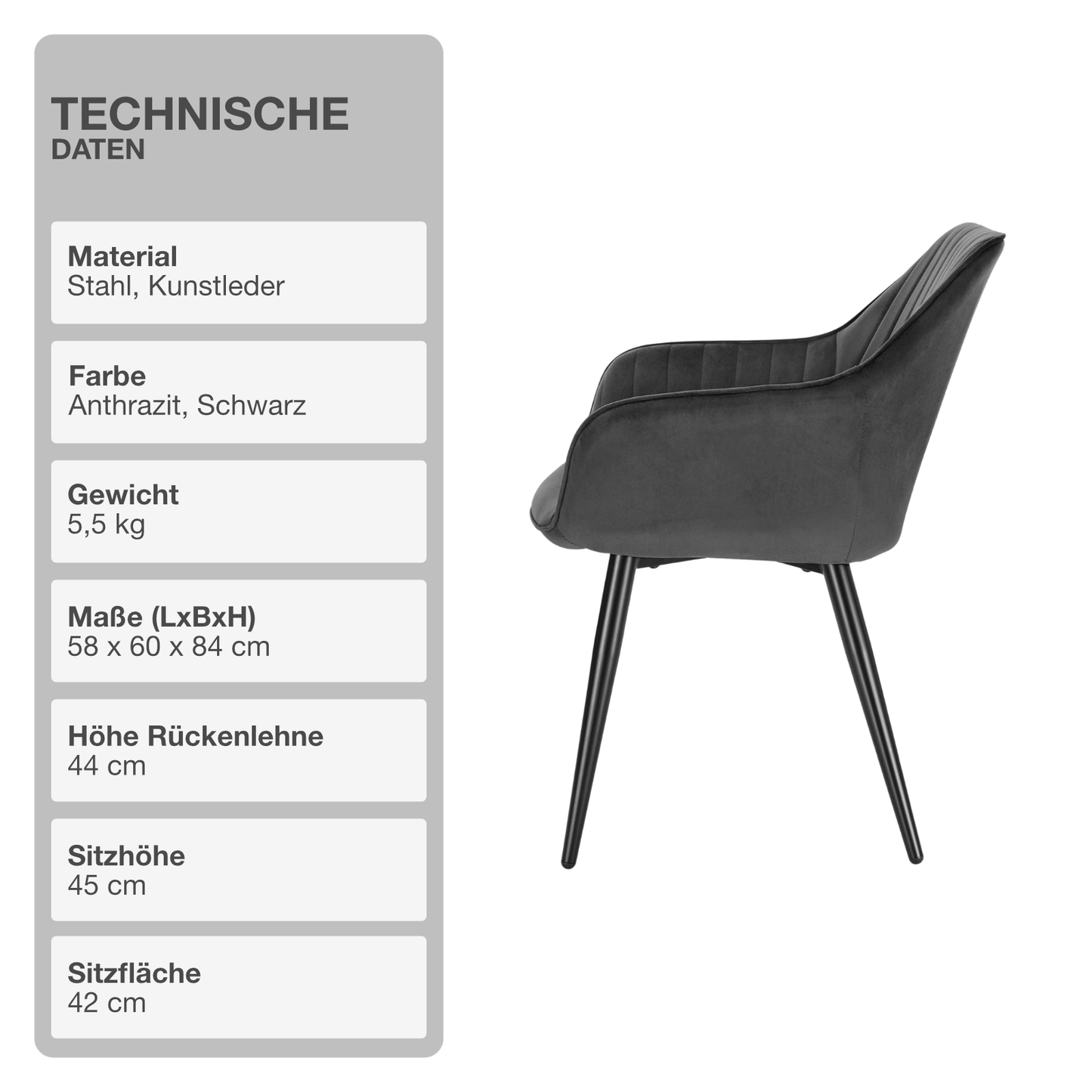 Wohn- und Esszimmerstuhl | 2 Stück | Kunstleder | Anthrazit | Küchenstuhl