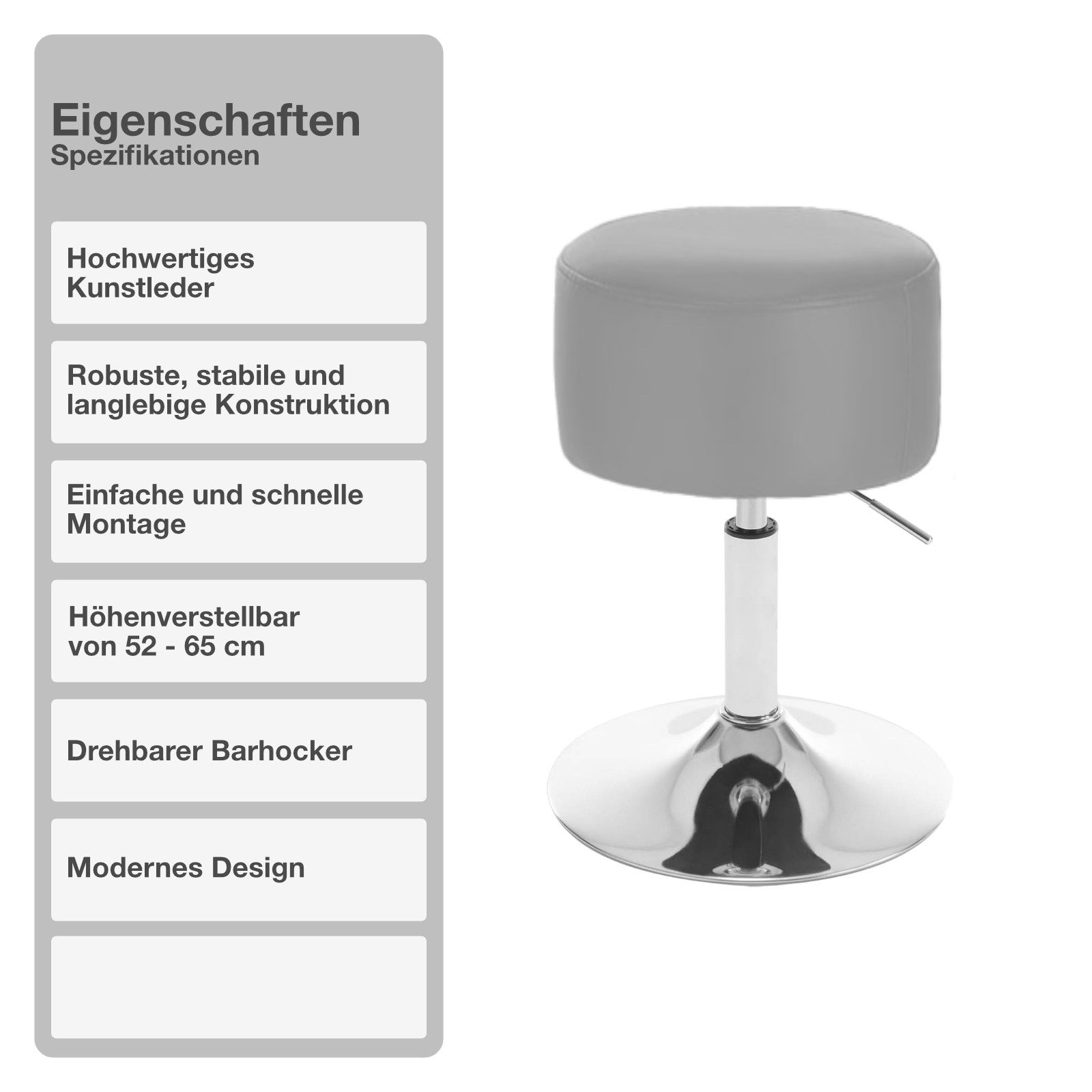 Barhocker | Kunstleder | Hellgrau | ø 33cm | Drehbar | Höhenverstellbar