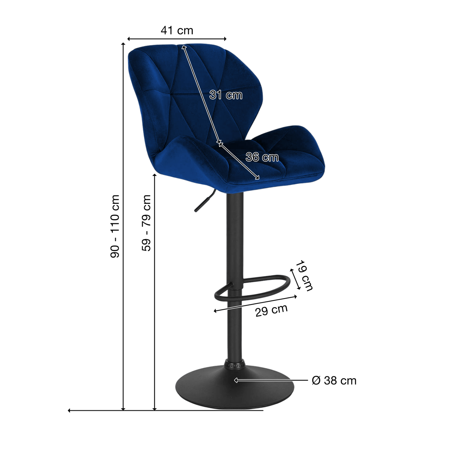 Barhocker | 2 Stück | Dunkelblau | Samtbezug | Drehbar | Höhenverstellbar