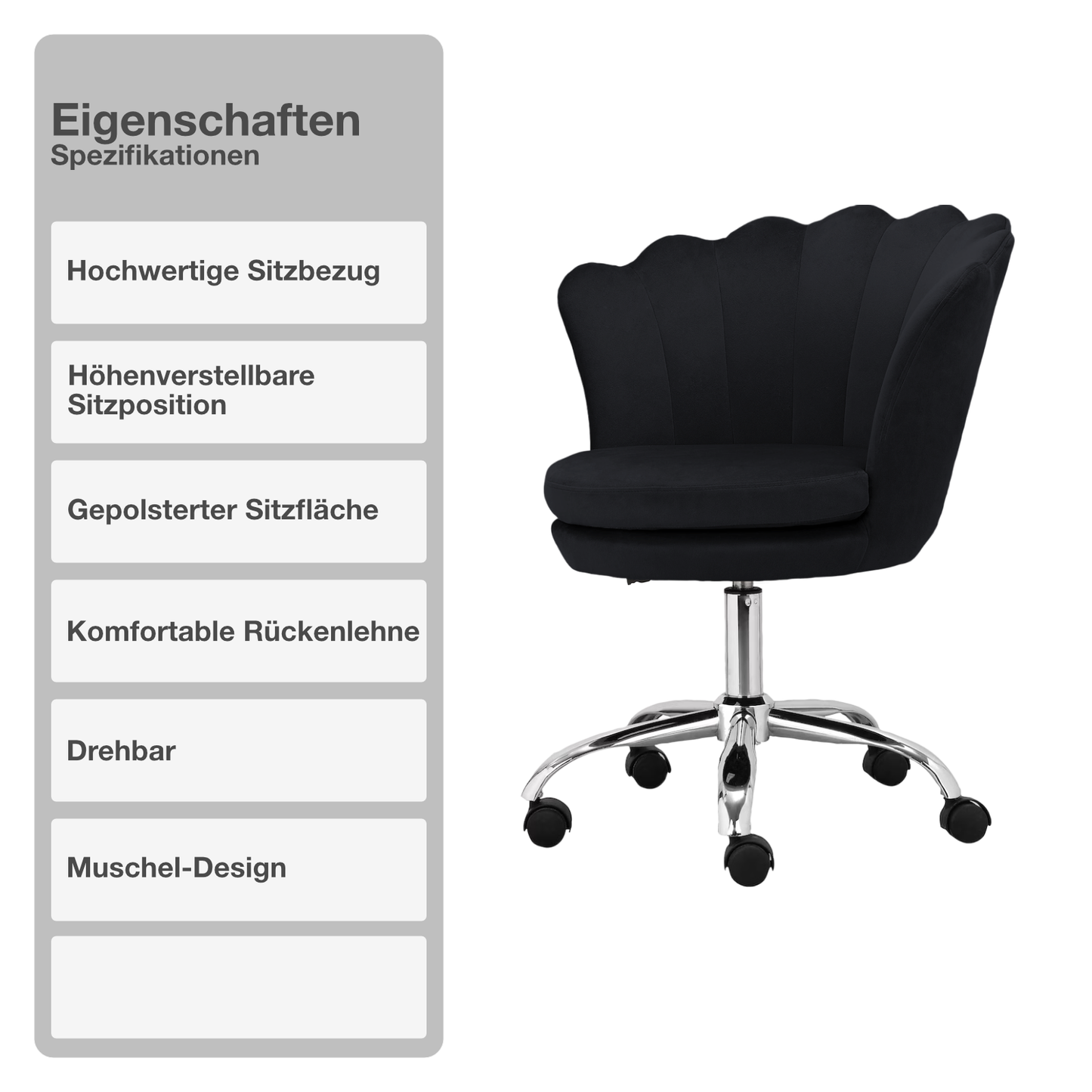 Bürostuhl | Samtbezug | Schwarz | 68x68cm | Rollen | Armlehnstuhl | Muschel