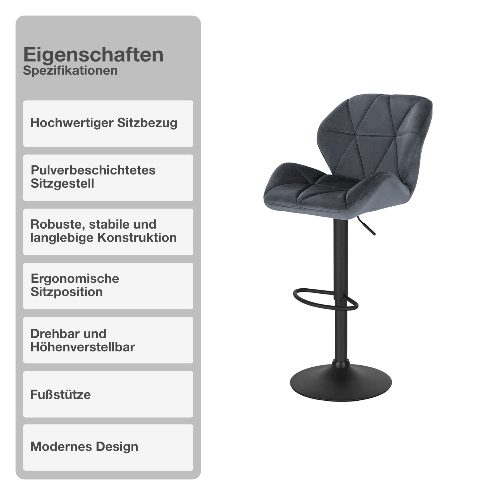 Barhocker | 2 Stück | Anthrazit | Kunstleder | Drehbar | Höhenverstellbar