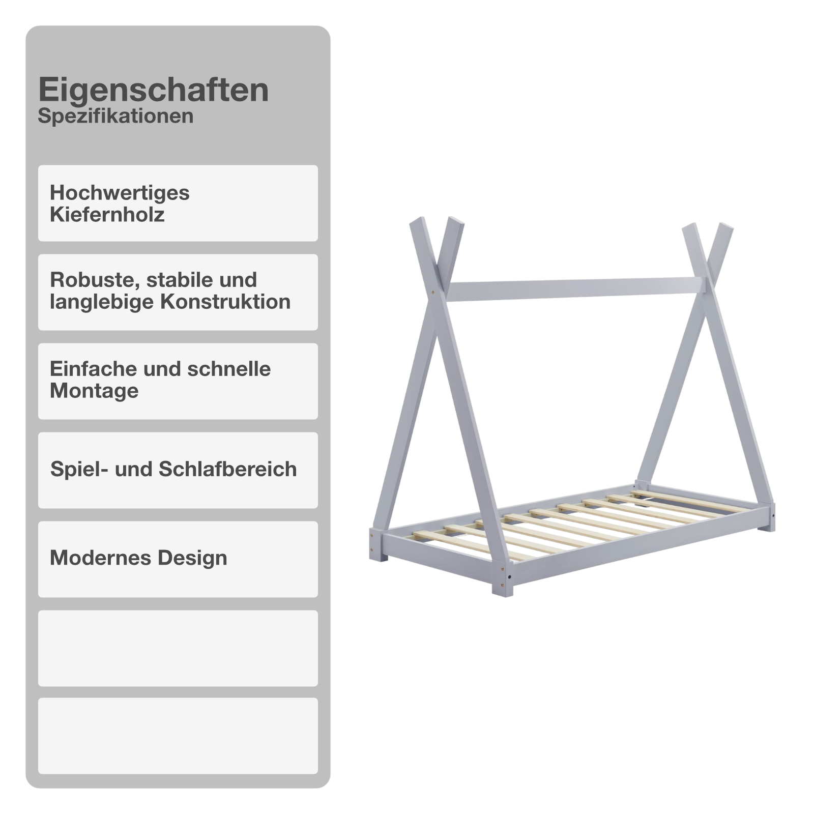 Kinderbett | Holz | Hellgrau | 80x160cm | Tipi | Holzbett | mit Lattenrost