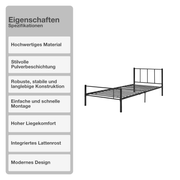 Bettgestell | Lattenrost | Schwarz | 90x200cm | Metallgestell | Bettrahmen