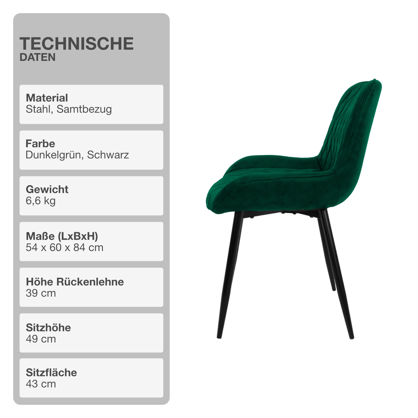 Wohn- und Esszimmerstuhl | 2 Stück | Samtbezug | Dunkelgrün | Küchenstuhl