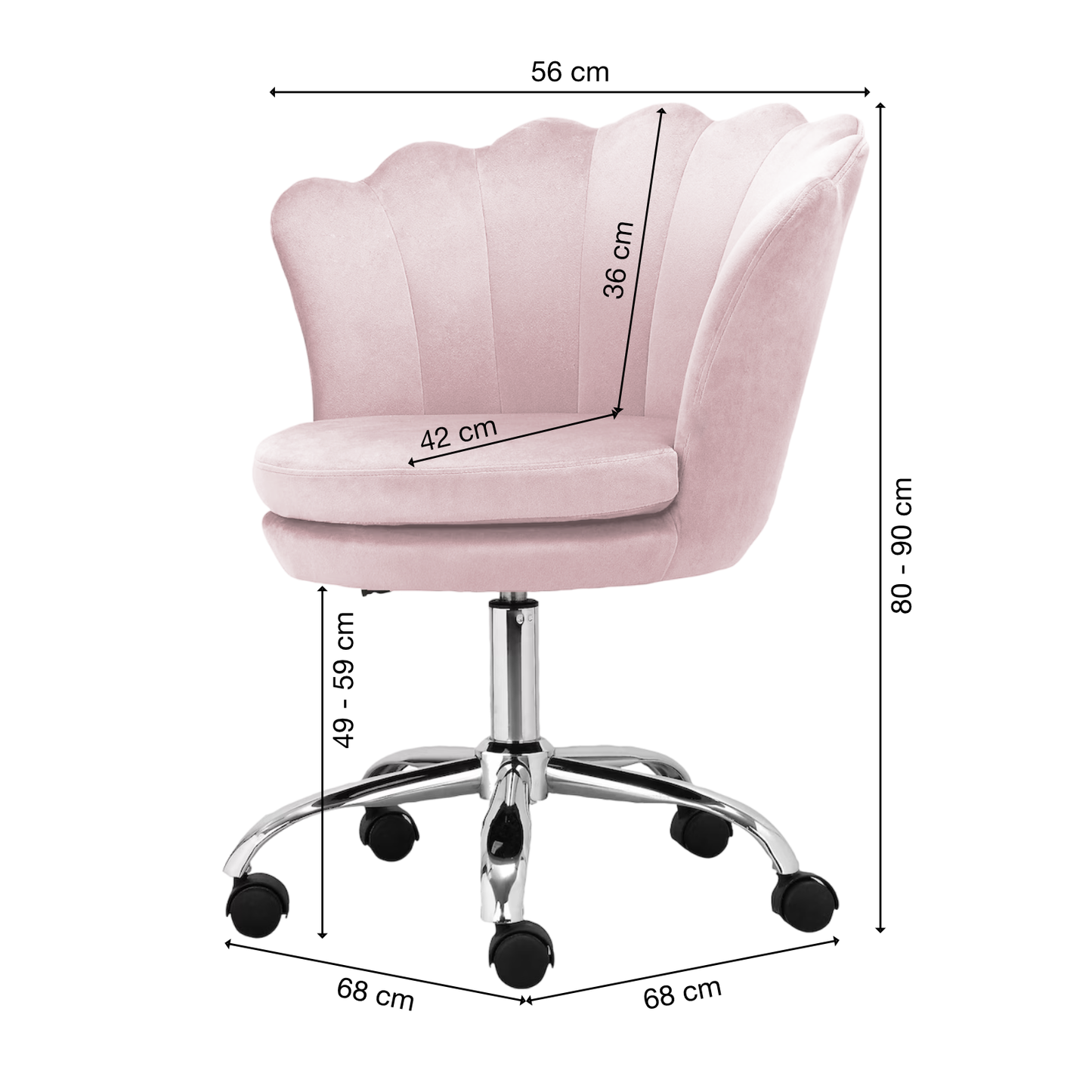 Bürostuhl | Samtbezug | Hellrosa | 68x68cm | Rollen | Armlehnstuhl | Muschel