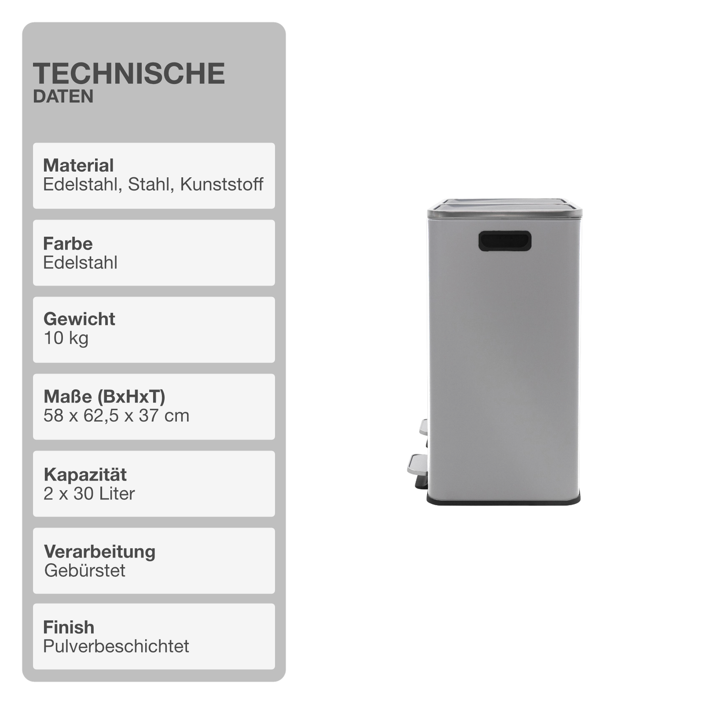 Mülltrennsystem | Edelstahl | 2x30L | Abfalleimer | Mülltrenner | Mülleimer