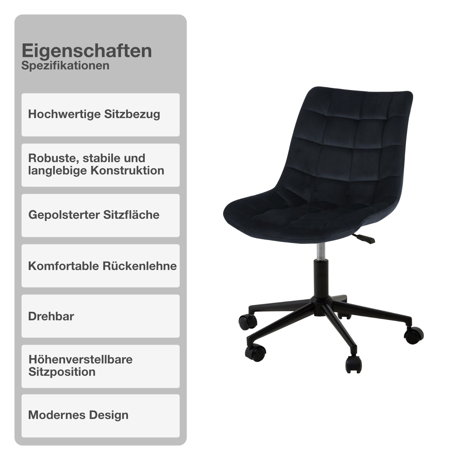 Bürostuhl | Samtbezug | Schwarz | 53x60cm | Rollen | Schreibtischstuhl