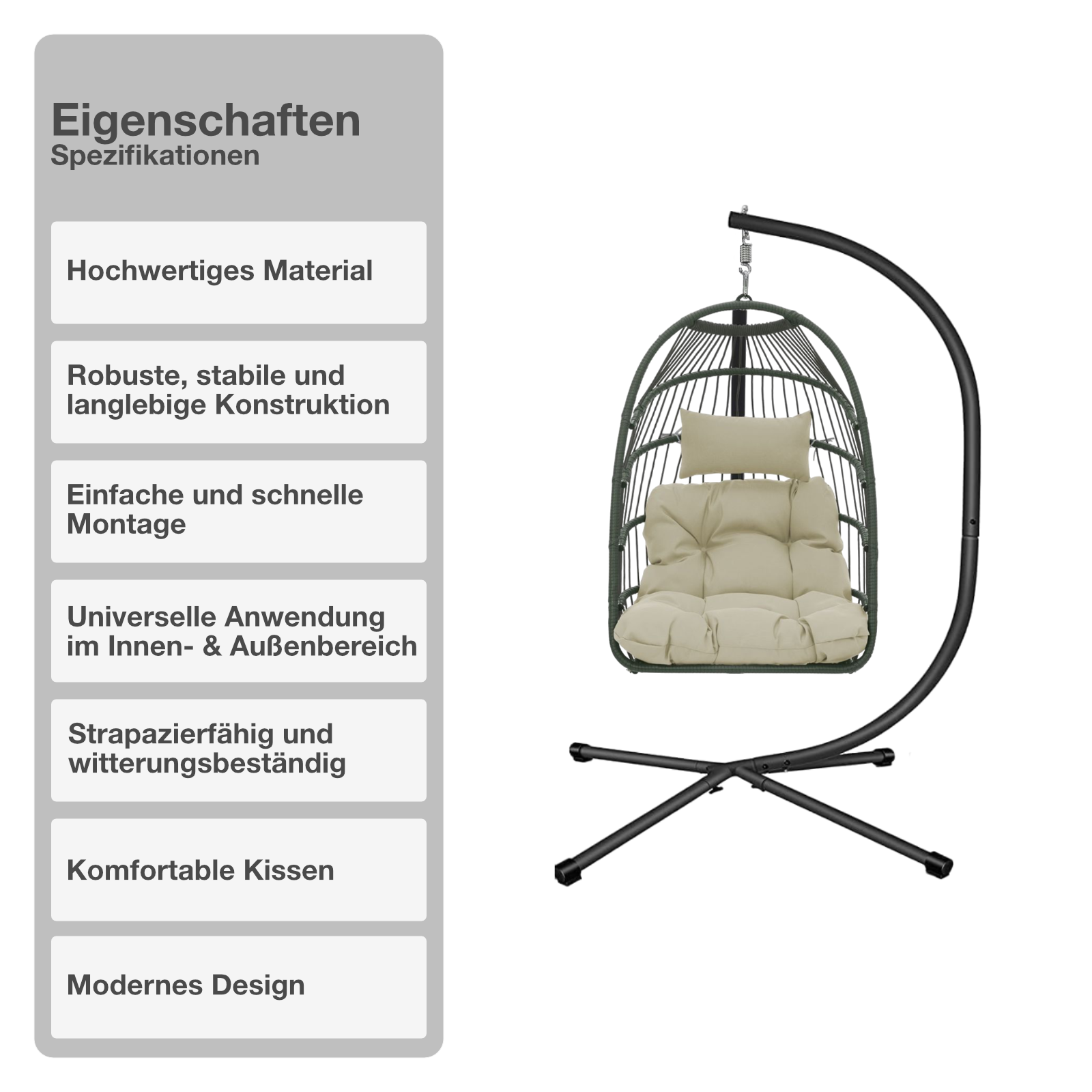 Hängeschaukel | Rattan-Optik | Khaki | Hängekorb | Hängesessel | Kissen