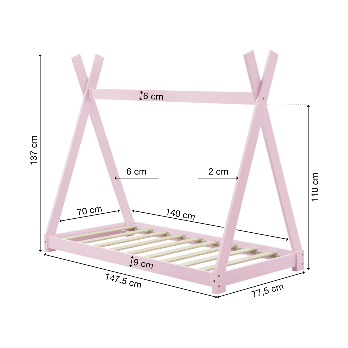 Kinderbett | Holz | Rosa | 70x140cm | Tipi | Holzbett | mit Lattenrost