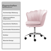 Bürostuhl | Samtbezug | Hellrosa | 68x68cm | Rollen | Armlehnstuhl | Muschel