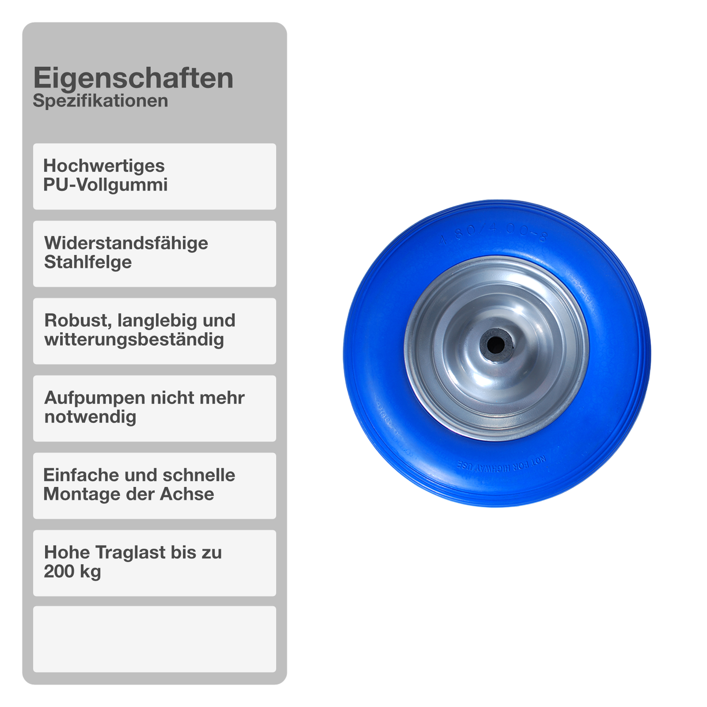 Schubkarrenrad mit Achse | Vollgummi | Blau | 4.80/4.00-8 | Ersatzreifen