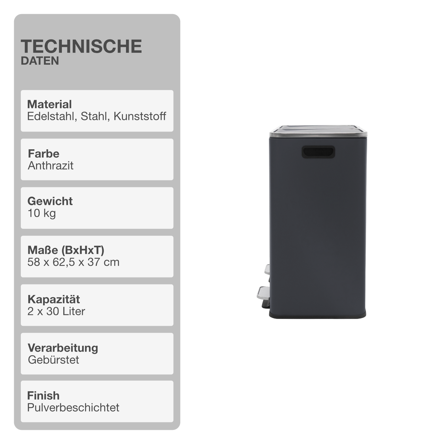 Mülltrennsystem | Anthrazit | 2x30L | Abfalleimer | Mülltrenner | Mülleimer