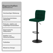 Barhocker | 2 Stück | Dunkelgrün | Samtbezug | Drehbar | Höhenverstellbar