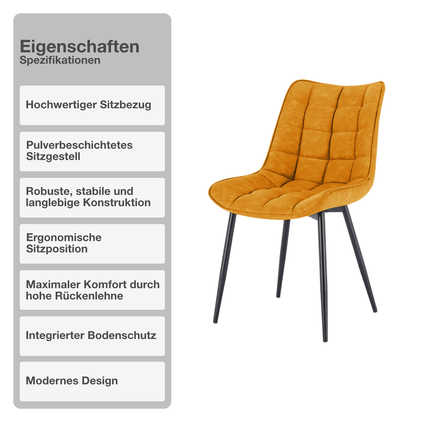 Wohn- und Esszimmerstuhl | 2 Stück | Samtbezug | Senfgelb | Küchenstuhl