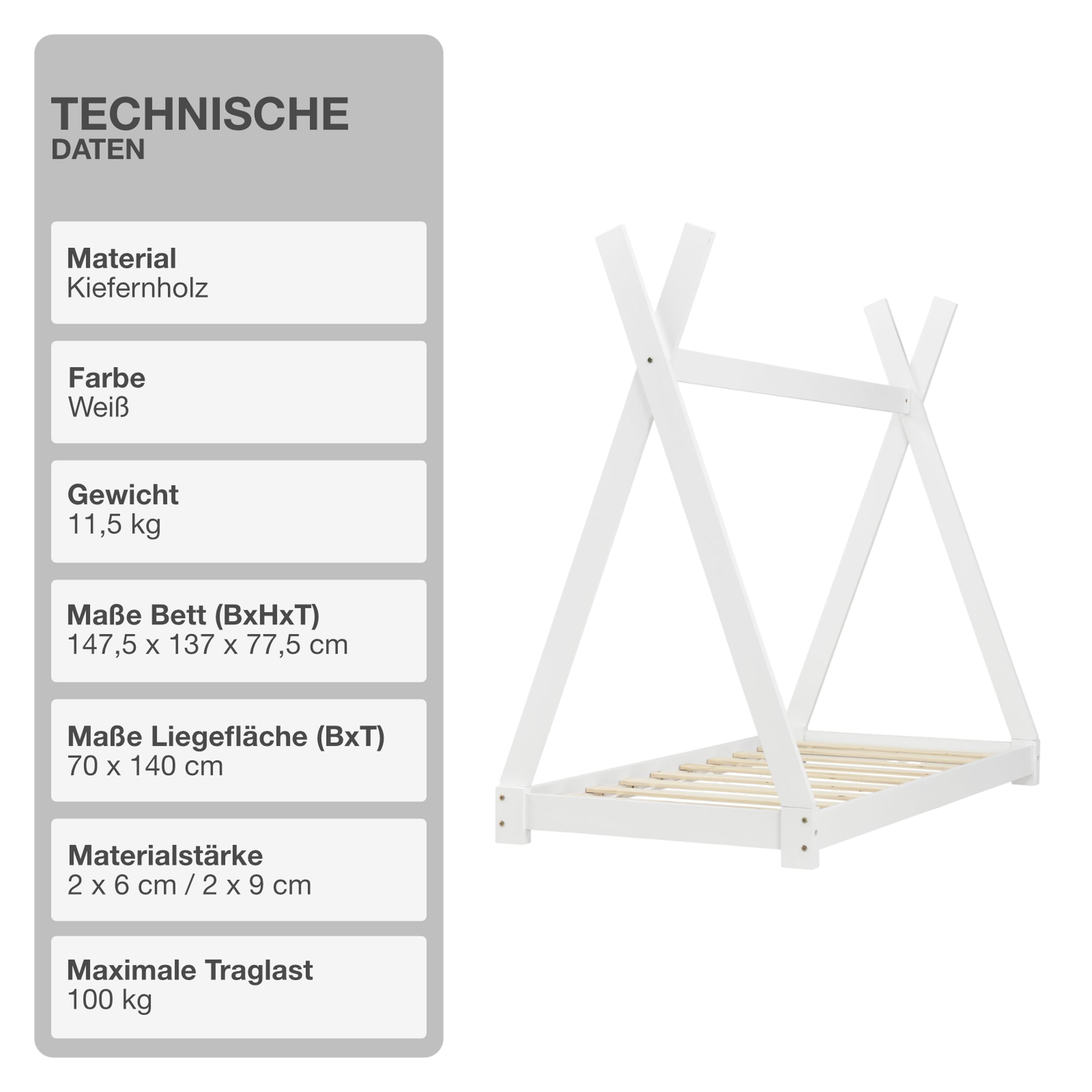 Kinderbett | Holz | Weiß | 70x140cm | Tipi | Holzbett | mit Lattenrost