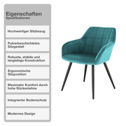 Wohn- und Esszimmerstuhl | 2 Stück | Mikrofaser | Samt | Petrol | Sessel