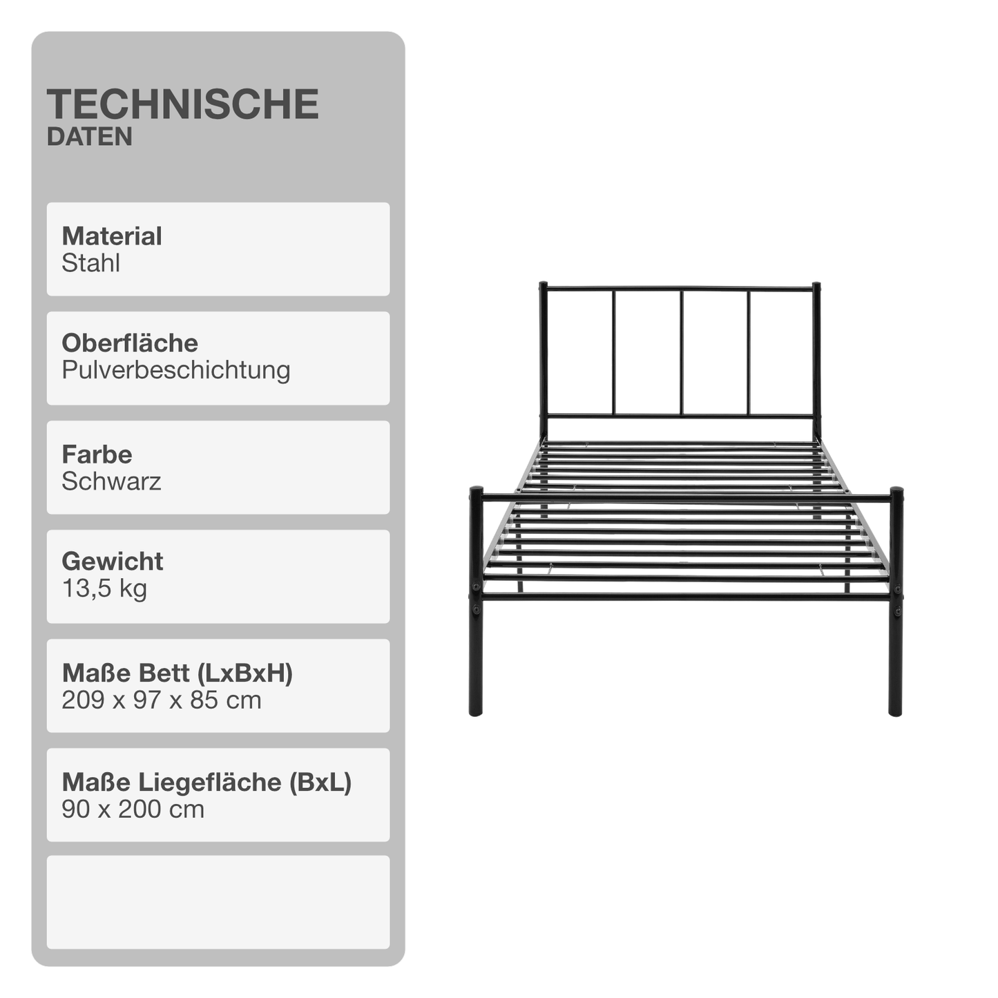 Bettgestell | Lattenrost | Schwarz | 90x200cm | Metallgestell | Bettrahmen