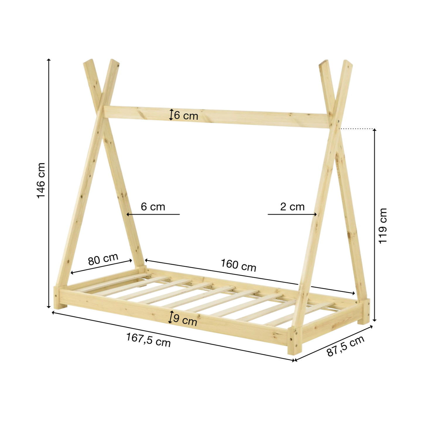 Kinderbett | Holz | Natur | 80x160cm | Tipi | Holzbett | mit Lattenrost