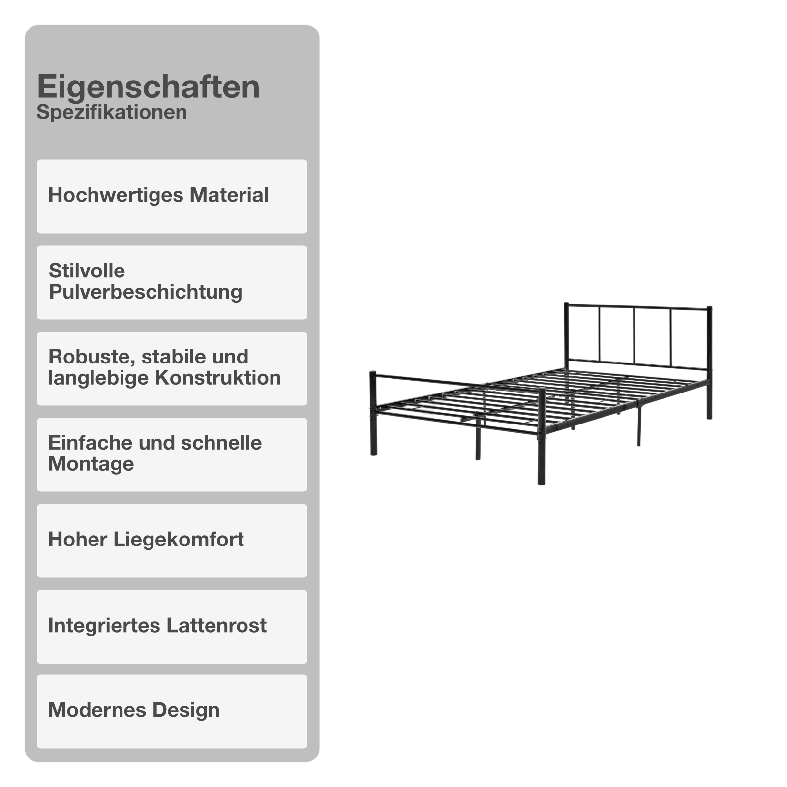 Bettgestell | Lattenrost | Schwarz | 140x200cm | Metallgestell | Bettrahmen