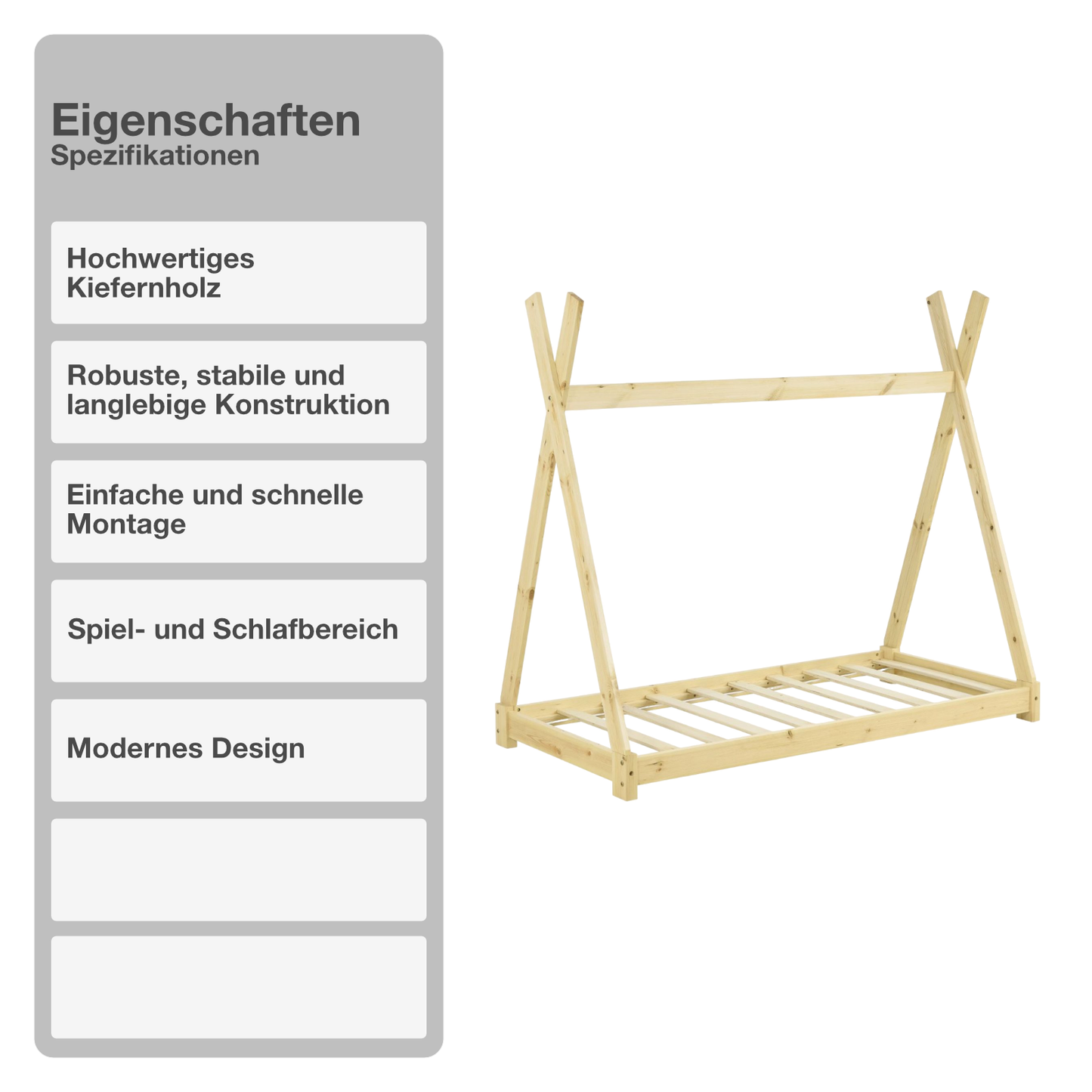 Kinderbett | Holz | Natur | 90x200cm | Tipi | Holzbett | mit Lattenrost