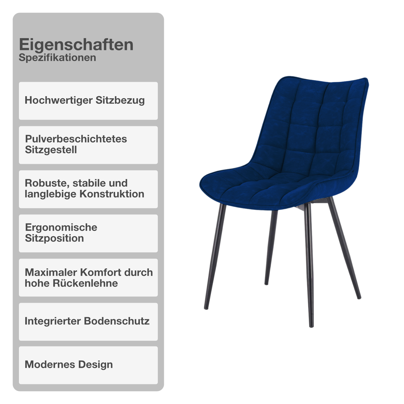 Wohn- und Esszimmerstuhl | 2 Stück | Samtbezug | Dunkelblau | Küchenstuhl