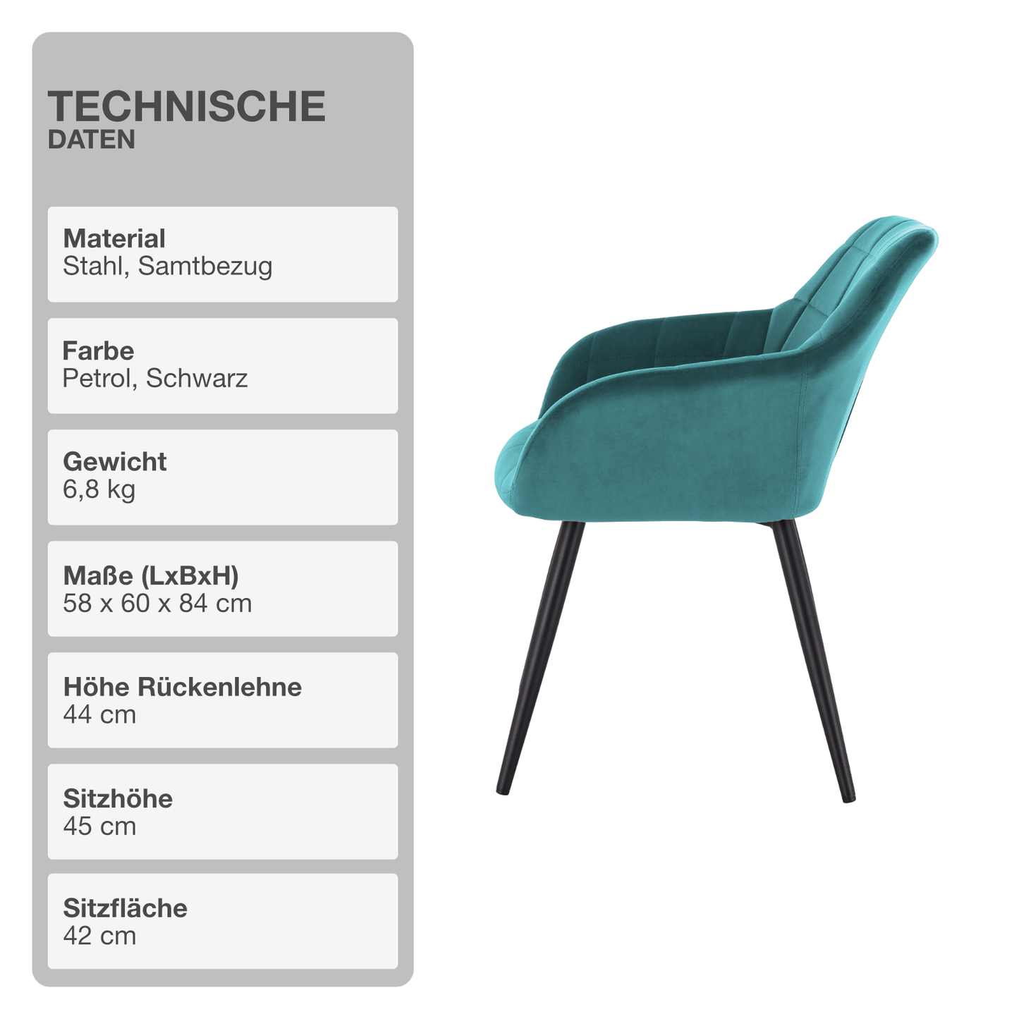 Wohn- und Esszimmerstuhl | 2 Stück | Mikrofaser | Samt | Petrol | Sessel