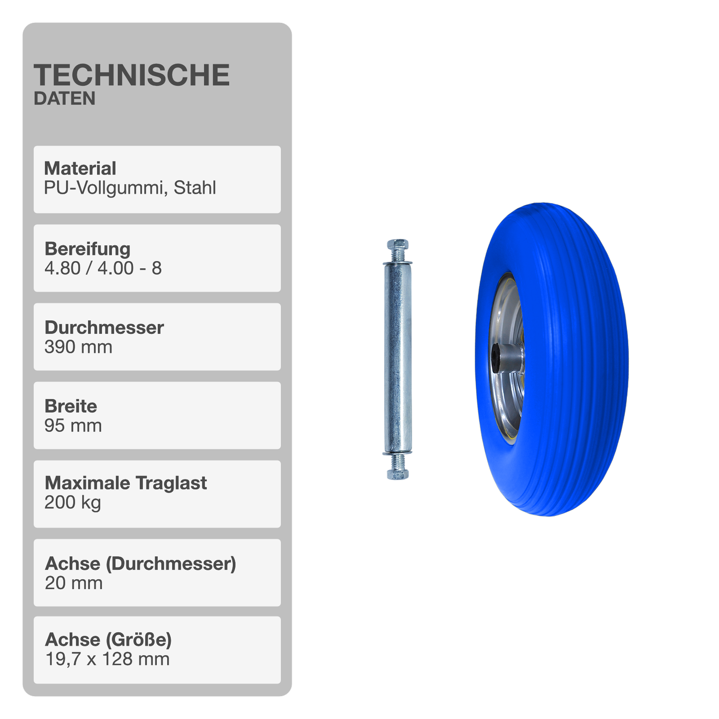 Schubkarrenrad mit Achse | Vollgummi | Blau | 4.80/4.00-8 | Ersatzreifen