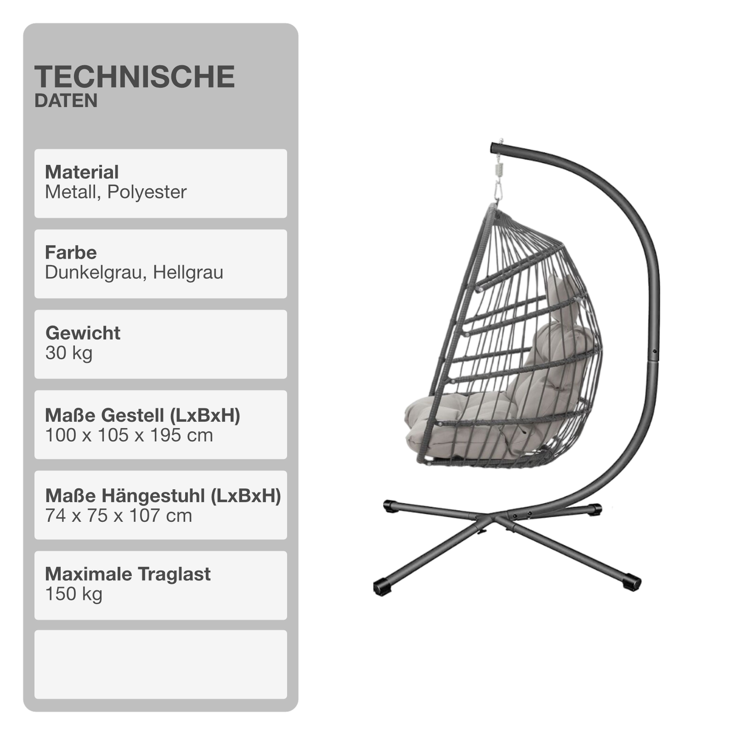 Hängeschaukel | Rattan-Optik | Hellgrau | Hängekorb | Hängesessel | Kissen