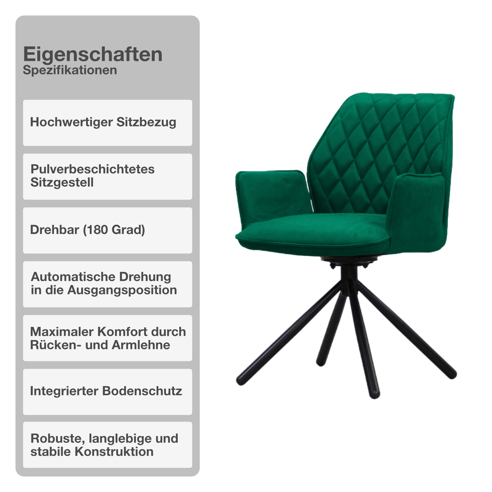 Wohn- und Esszimmerstuhl | Samt | Dunkelgrün | 180 Grad | Drehbar | Sessel